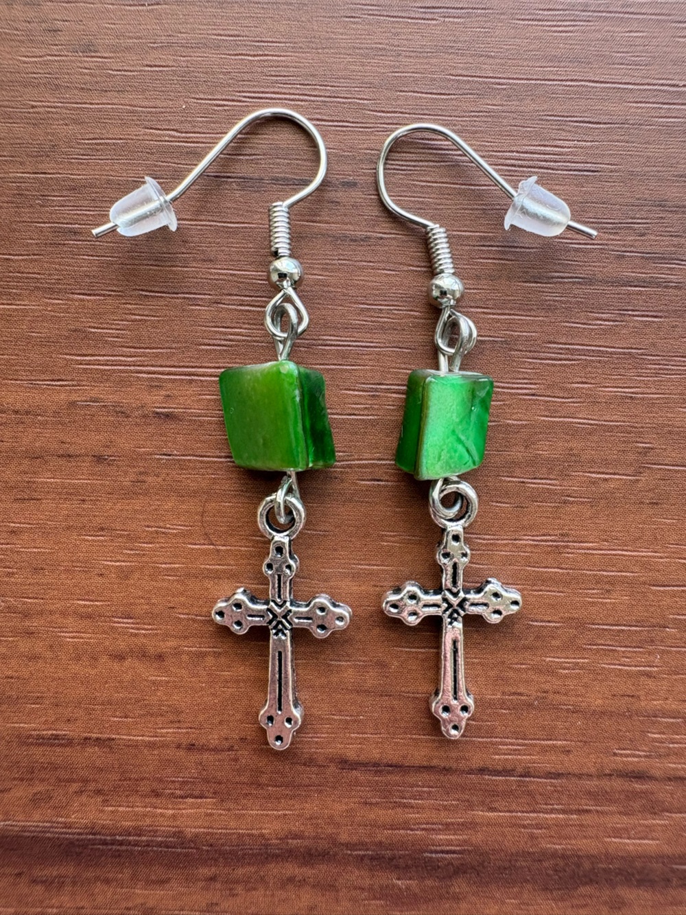 Green Cross Drop Earrings with Bead Accent - Women Jewelry